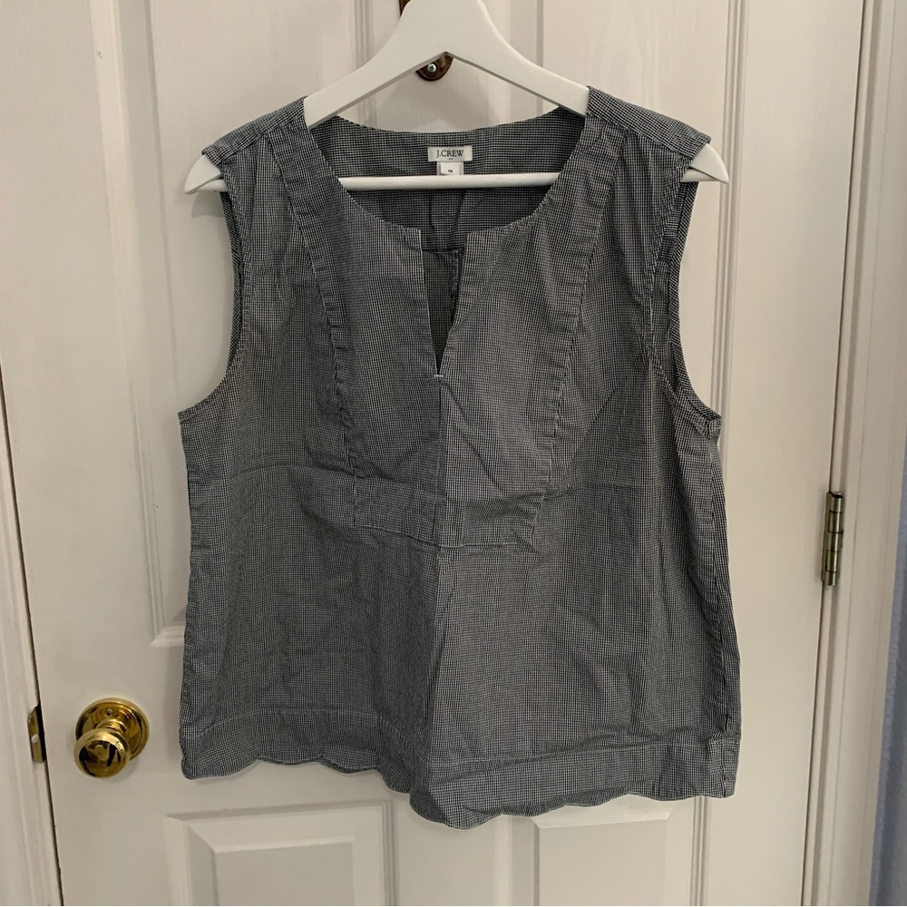 J Crew black and white checkered plaid gingham blouse with scalloped edge